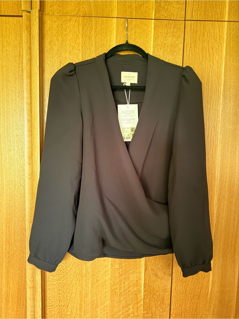 Sezane Black Wrap Blouse with Puff Shoulders and V-Neck